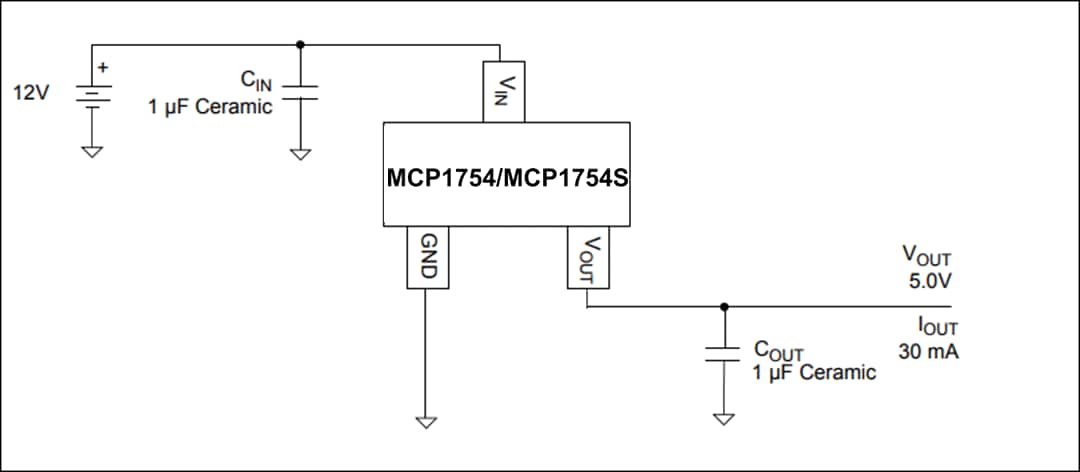Application Circuit Diagram - Microchip Technology MCP1754 & MCP1754S 150mA, 16V LDOs