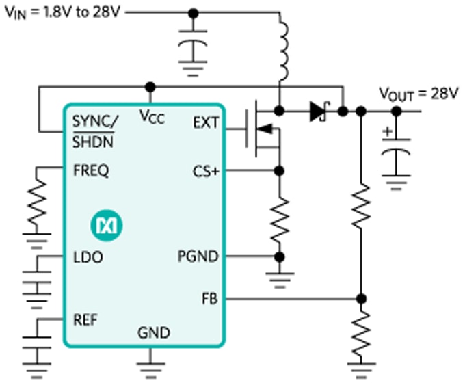 Application Circuit Diagram - Analog Devices / Maxim Integrated MAX668 & MAX669 PWM Step-Up Controllers