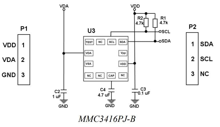 Schematic - MEMSIC MMC3416PJ-B Prototyping Board