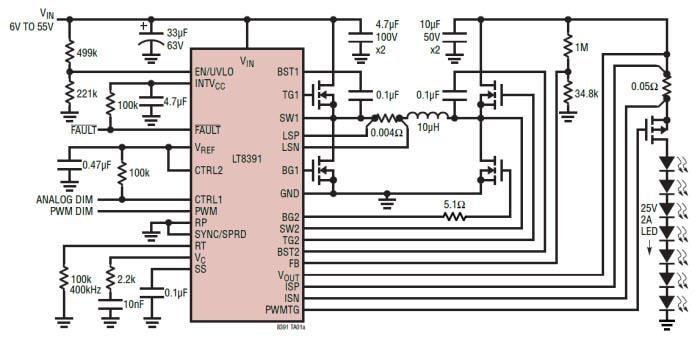 Application Circuit Diagram - Analog Devices Inc. LT8391 Synchronous Buck-Boost LED Controllers