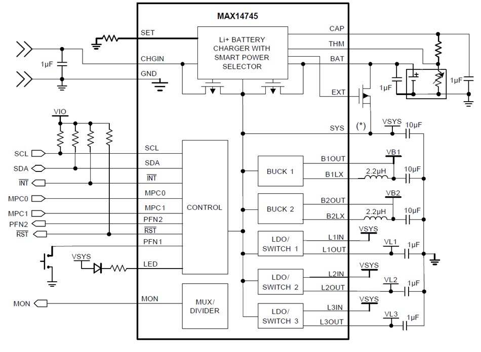 Application Circuit Diagram - Analog Devices / Maxim Integrated MAX14745 Wearable Charge-Management Solution