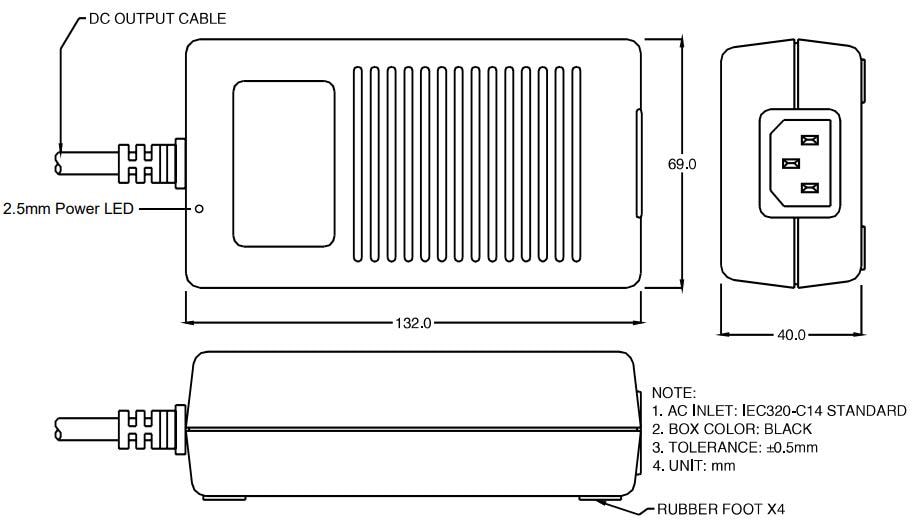 Mechanical Drawing - TDK-Lambda DTM65-D AC-DC Medical Power Supplies