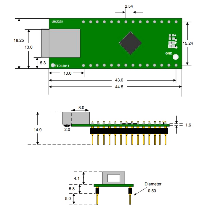 Mechanical Drawing - FTDI Chip UM232H Development Modules