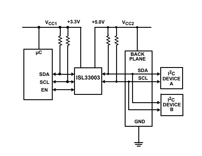 Application Circuit Diagram - Renesas Electronics ISL3300x I2C Bus Buffers