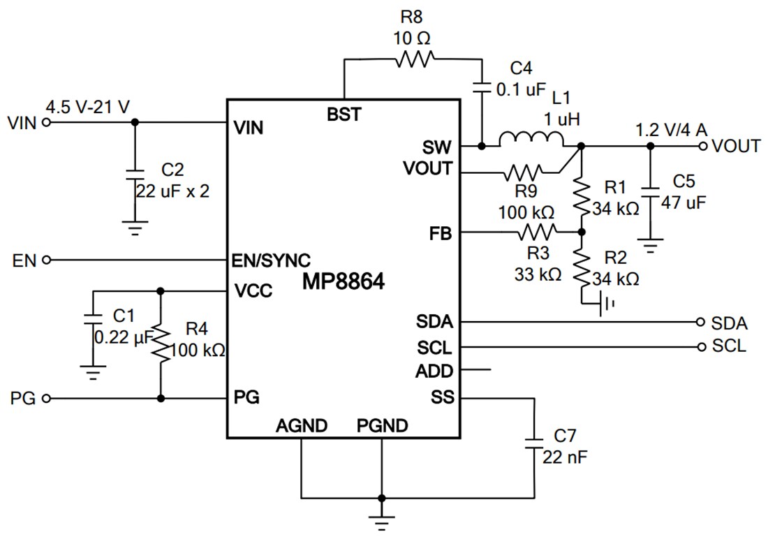 Application Circuit Diagram - Monolithic Power Systems (MPS) MP8864 Synchronous Step-Down Converter