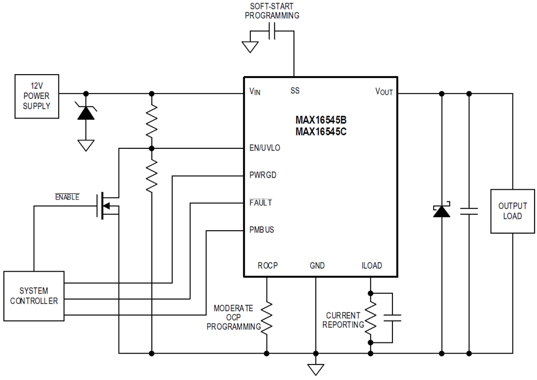 Application Circuit Diagram - Analog Devices / Maxim Integrated MAX16545B/MAX16545C Circuit-Breaker Protection IC