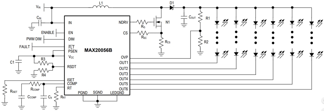 Schematic - Analog Devices / Maxim Integrated MAX20056B 6-Channel High-Brightness LED Driver