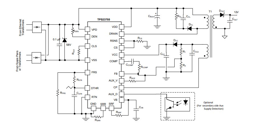 Application Circuit Diagram - Texas Instruments TPS23755 PoE DC-DC Controllers