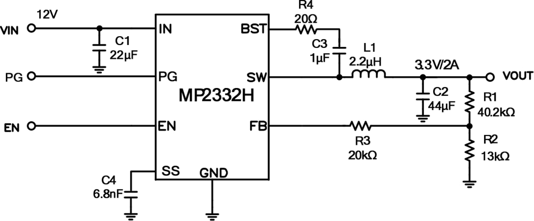 Application Circuit Diagram - Monolithic Power Systems (MPS) MP2332H 1.2MHz Synchronous Step-Down Converter