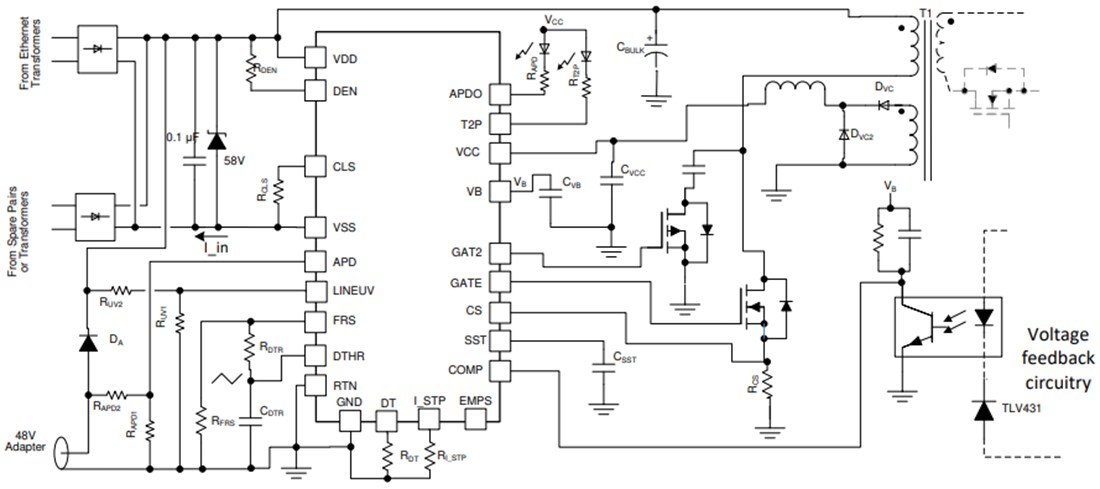Application Circuit Diagram - Texas Instruments TPS23734 IEEE 802.3bt PoE PD IC