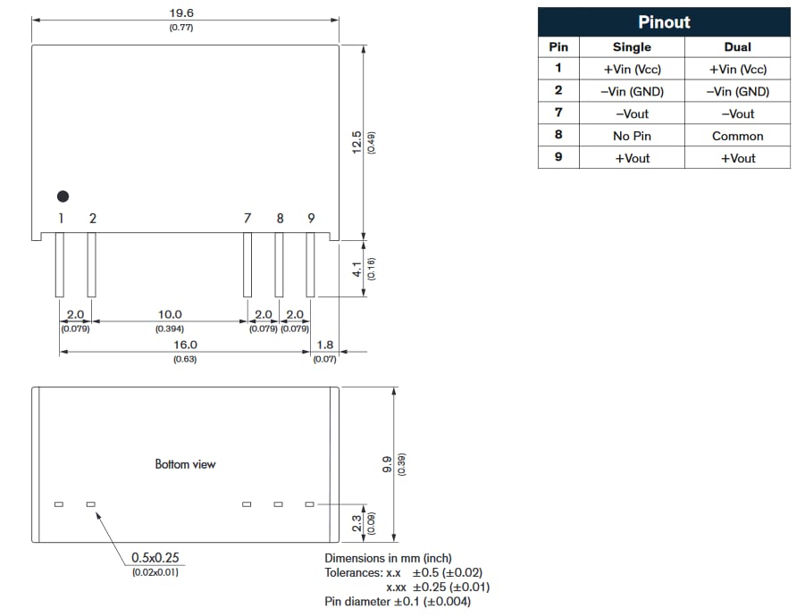 Mechanical Drawing - TRACO Power TRV 1M 1W Medical DC/DC Converters