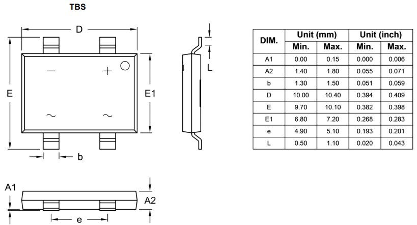 Mechanical Drawing - Taiwan Semiconductor RTBS40M Fast Recovery Bridge Rectifier