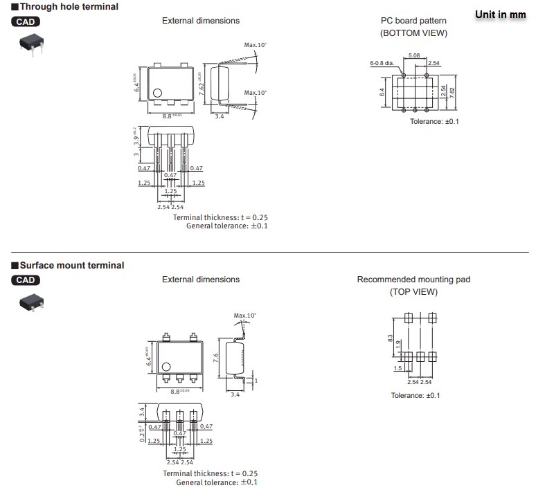 Mechanical Drawing - Panasonic Industrial Devices AQV258H5 PhotoMOS®