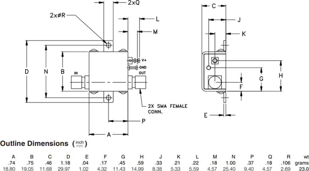 Mechanical Drawing - Mini-Circuits ZX60-53LN+ Low Noise Coaxial Amplifier