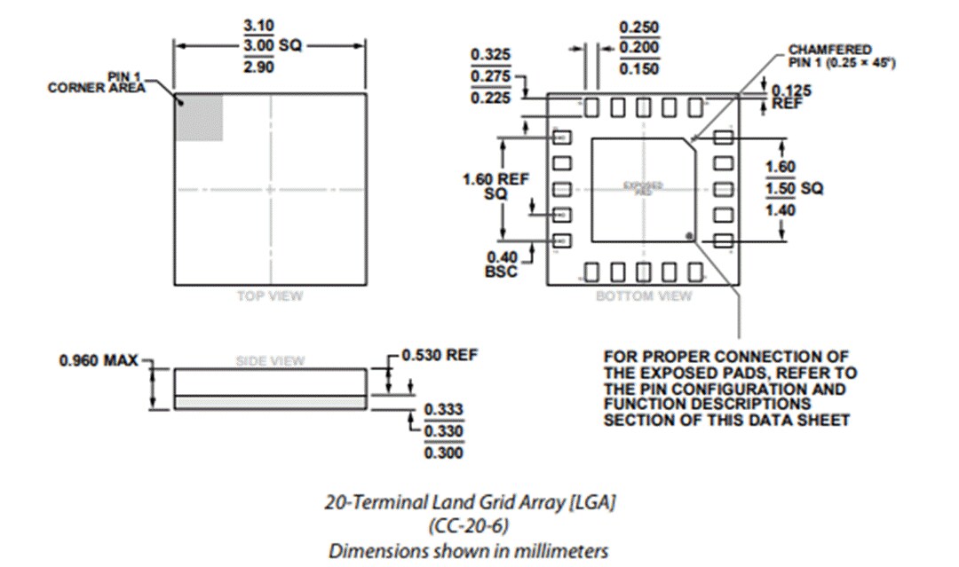 Mechanical Drawing - Analog Devices Inc. ADRF5047 Si SP4T Reflective Switch (9kHz to 44GHz)