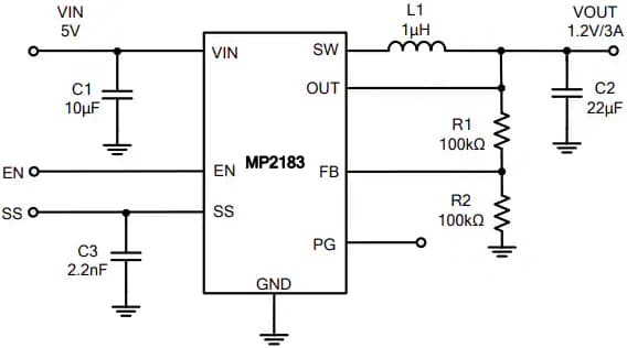 Application Circuit Diagram - Monolithic Power Systems (MPS) MP2183 3A Synchronous Step-Down Converter