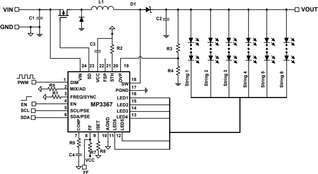 Application Circuit Diagram - Monolithic Power Systems (MPS) MP3367 & MPQ3367 6-Channel Boost WLED Drivers