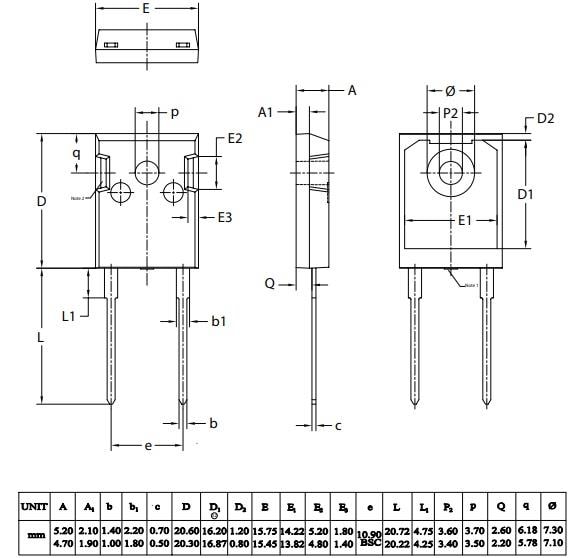 Mechanical Drawing - WeEn Semiconductors BYQ60W-600PT2 Ultrafast Power Diode