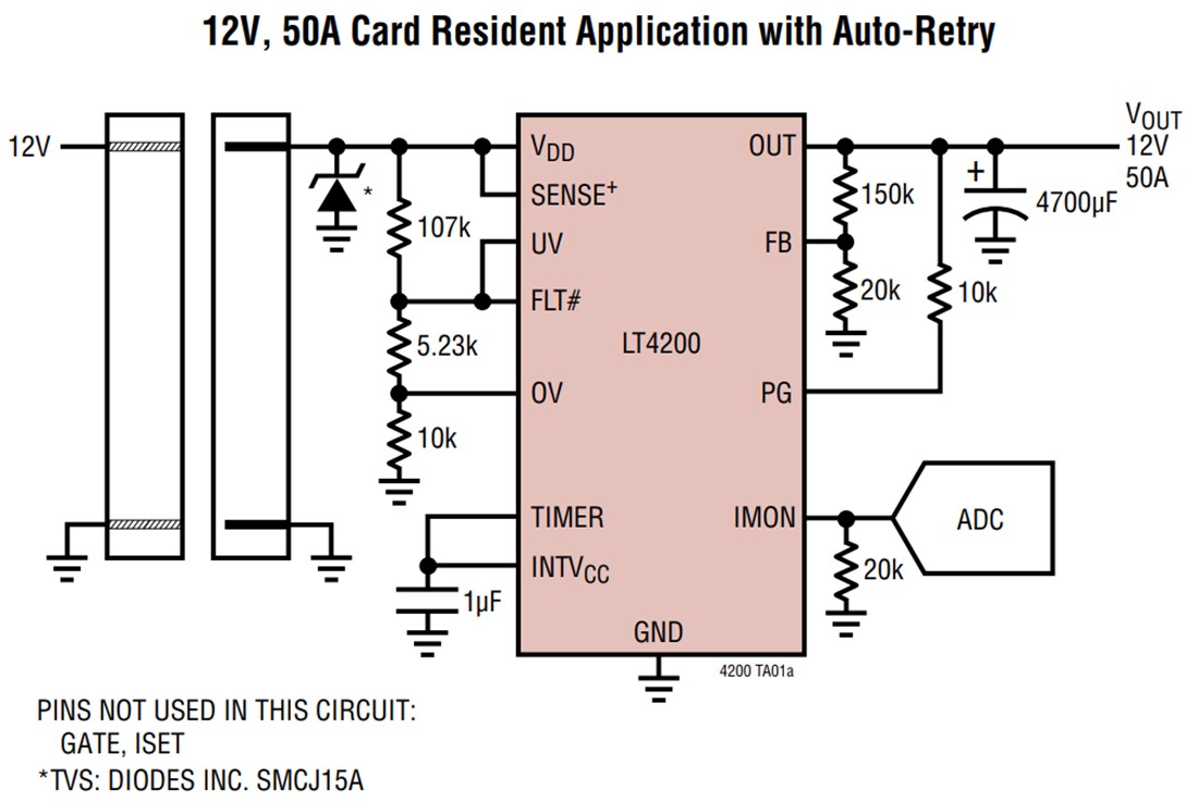 Application Circuit Diagram - Analog Devices Inc. LT4200 50A Hot-Swap E-Fuse