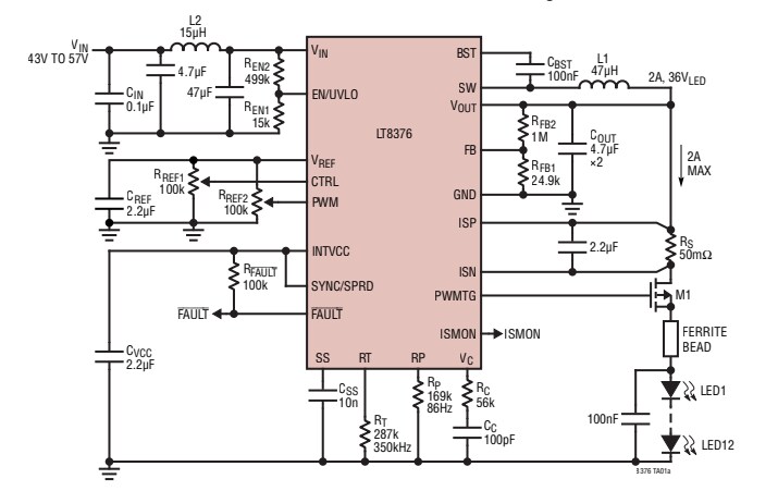 Application Circuit Diagram - Analog Devices Inc. LT8376 Synchronous Step-Down LED Driver