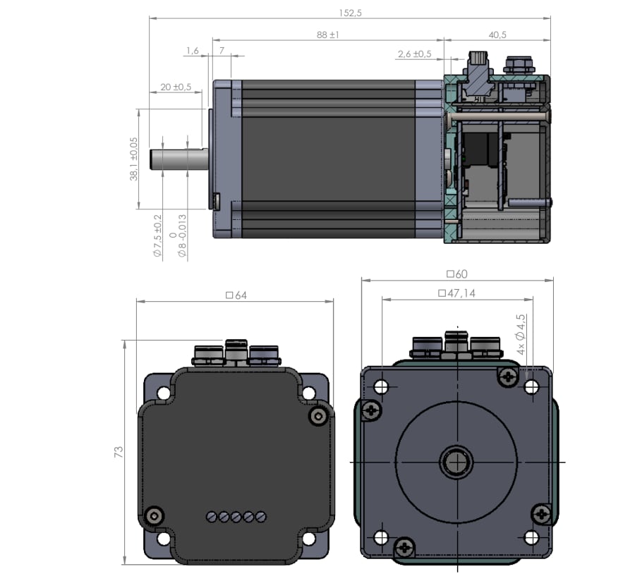 Mechanical Drawing - Analog Devices / Maxim Integrated PD60-4H-1461-CoE Single Axis Stepper Motor