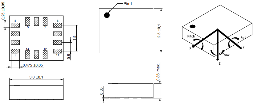 Mechanical Drawing - Würth Elektronik WSEN-ISDS 6-Axis Inertial Measurement Unit (IMU)