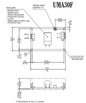 Mechanical Drawing - Cosel UMA Medical Power Supplies
