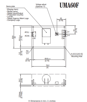 Mechanical Drawing - Cosel UMA Medical Power Supplies