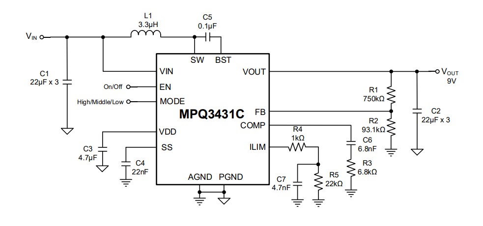 Application Circuit Diagram - Monolithic Power Systems (MPS) MPQ3431C Synchronous Boost Converters