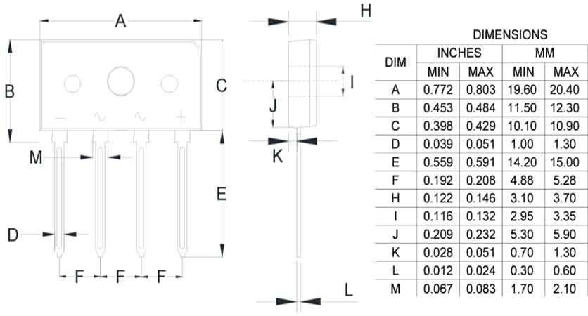 Mechanical Drawing - Micro Commercial Components (MCC) GBUAx 1000V Bridge Rectifiers
