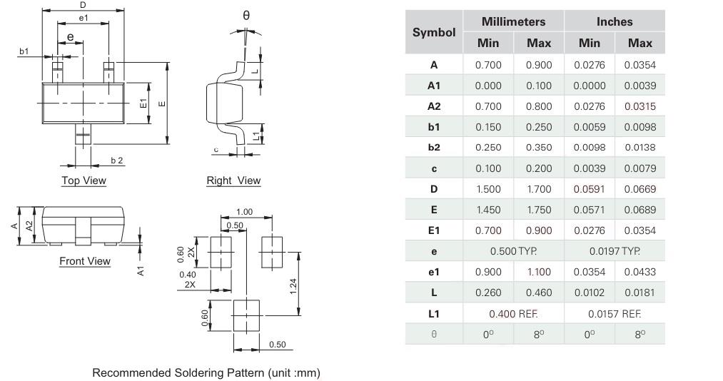 Mechanical Drawing - Littelfuse AQ3052-02RTG 2-Channel Unidirectional TVS Diode