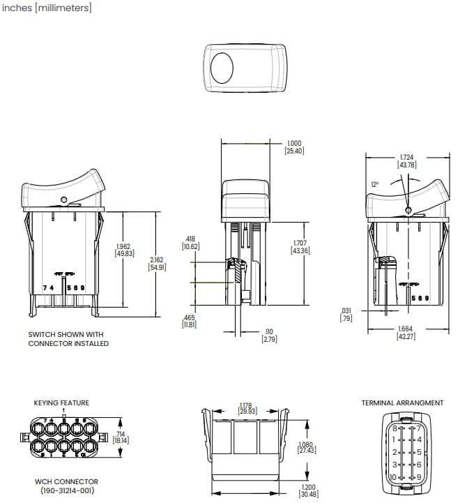 Mechanical Drawing - Carling Technologies W-Series Rocker Switches