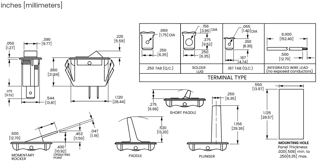 Mechanical Drawing - Carling Technologies T-Series Rocker Switches