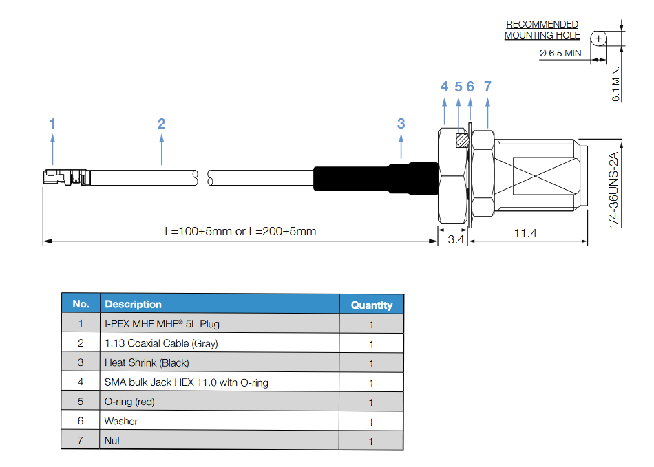 Mechanical Drawing - Siretta MHF5 Pigtail RF Cable Assemblies