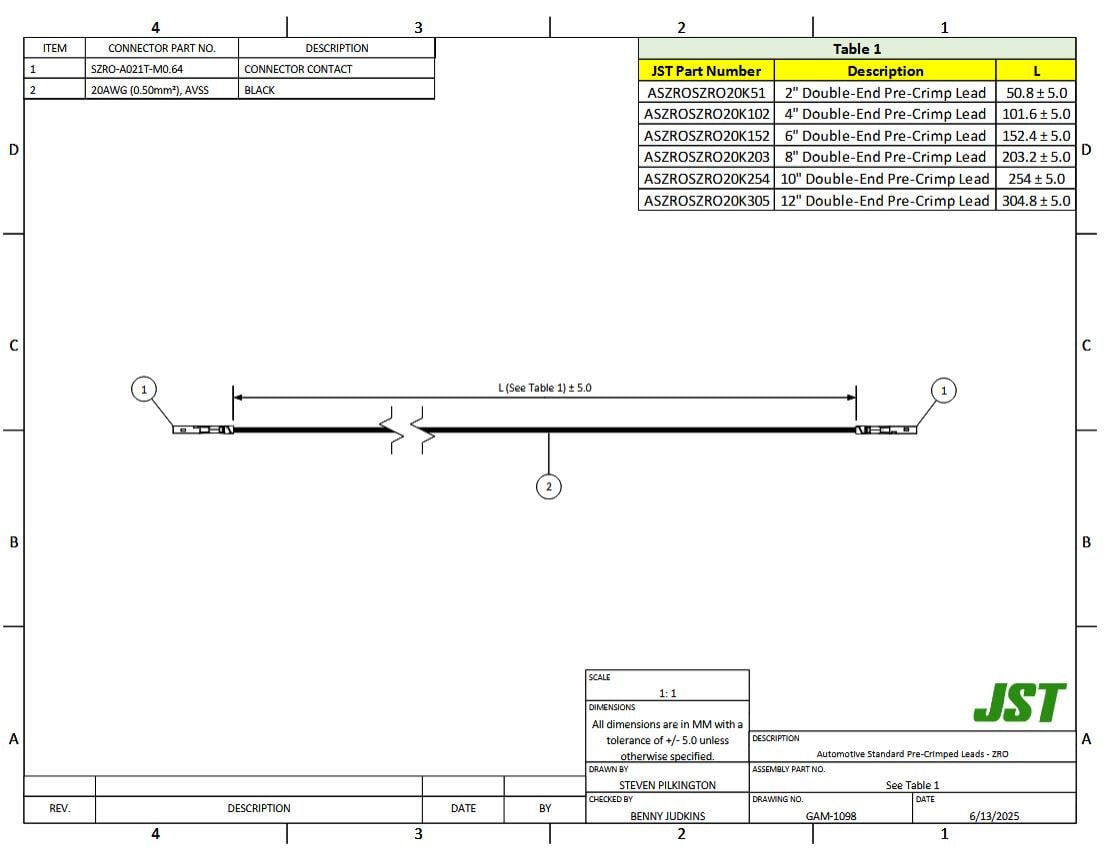 Mechanical Drawing - JST Connectors ZRO Automotive Rectangular Cable Assemblies