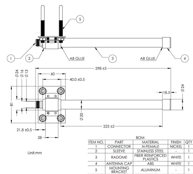 Mechanical Drawing - Maxtena MEA-700-2700-N Omnidirectional Antenna