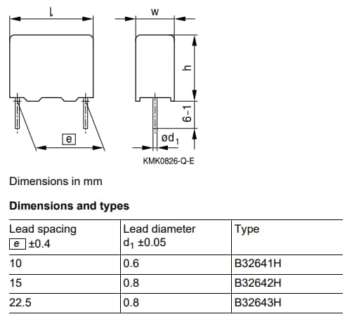 Mechanical Drawing - EPCOS / TDK B3264xH Metallized Film Capacitors