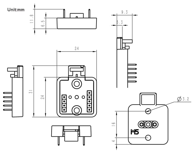 Mechanical Drawing - M5Stack Atomic ToChain Base Interface Adapter Board