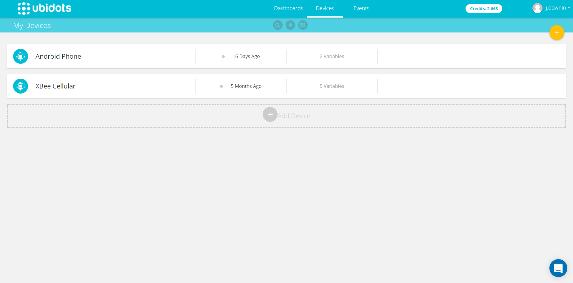 Ubidots devices screen