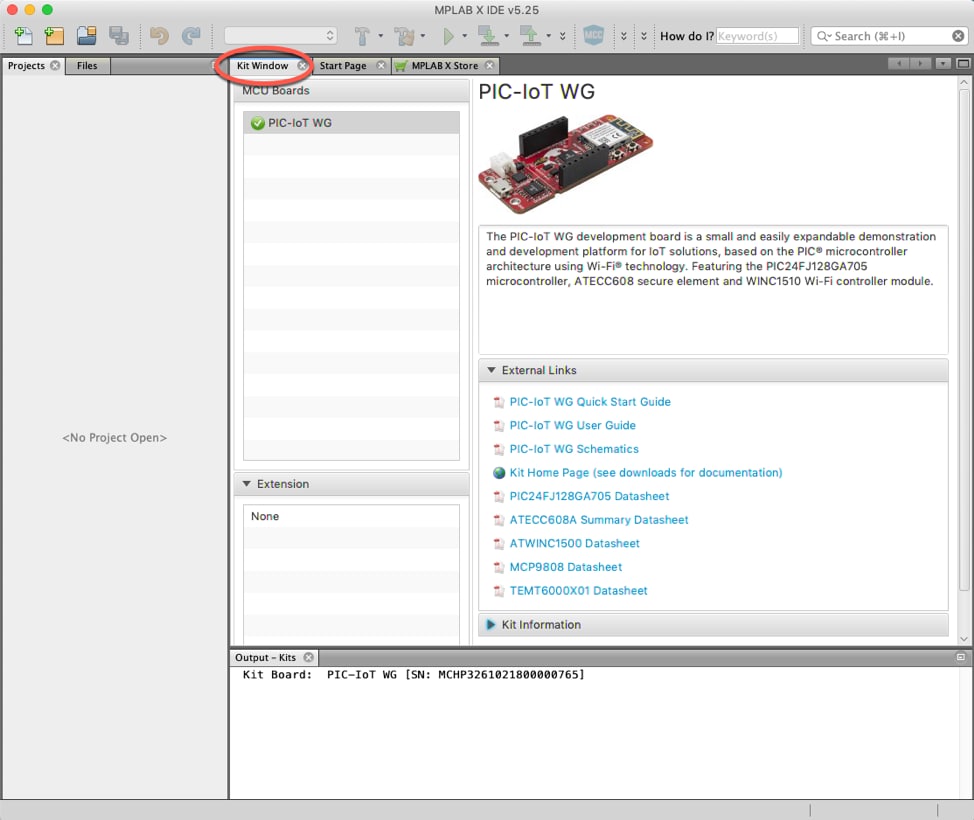 MPLAB X IDE With PIC-IoT Board Detected