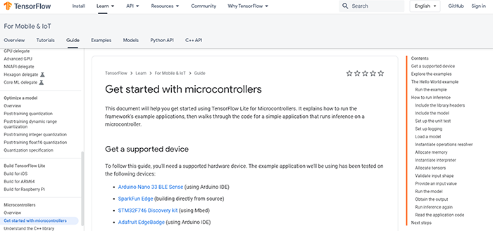 Google's TensorFlow Lite for Microcontroller website.