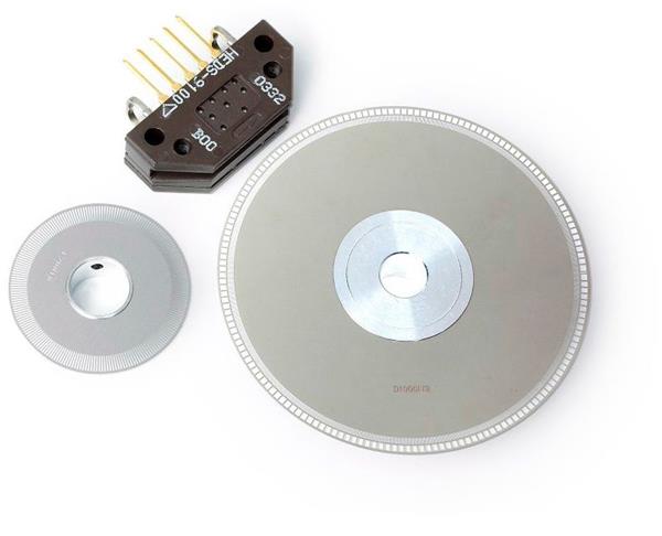 The Avago HEDS-9000 and HEDS-9100 two-channel modules offer small size and mounting flexibility; the interposed optical disk is ordered separately with the desired resolution of counts per revolution. (Image: Avago Technologies/Broadcom)r