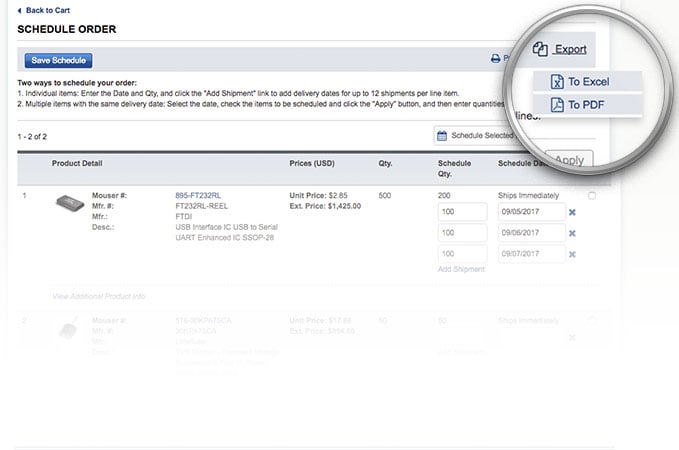 Export dropdown options on schedule order page.